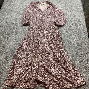 Nation LTD Midi Dress Floral Print Burgundy Beige Smocked Waist V Neck Size S